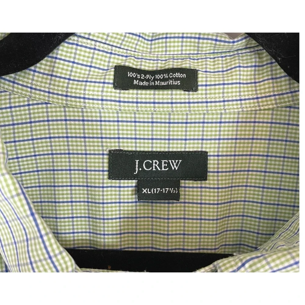 J Crew Mens XL 17-17.5 Shirt 100s 2-Ply Cotton Green Blue Check Button Down